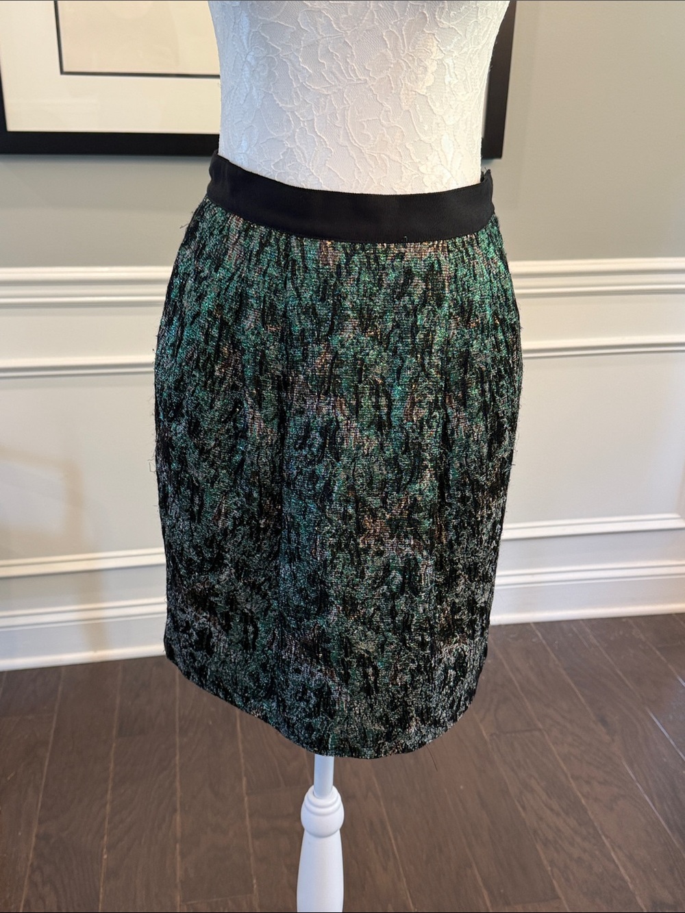 Rare Collectible Chris Benz Metallic Green and Black Textured A-Line Skirt